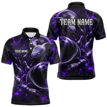 Maxcorners Custom Black And Purple Flame Snake Bowling Men Polo Shirts, Bowling League Team Shirt LM0409