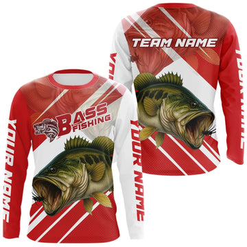 Maxcorners Custom Red Camo Largemouth Bass Fishing Jerseys, Bass Long Sleeve Tournament Fishing Shirts LM0609