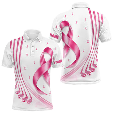Maxcorners Breast Cancer Awareness Golf Shirts Custom Mens Golf Polo Shirt, Pink Ribbon Golf Shirts