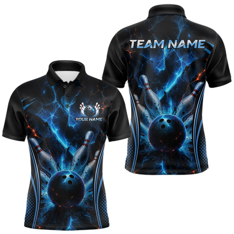 Maxcorners Blue Thunder Black Bowling Polo & 1/4 Quarter Zip Shirt For Men Custom Bowling Team Jerseys