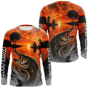 Maxcorners Sunset Bass Fishing Custom Name Long Sleeve Fishing Shirts, Bass Fishing Jerseys For Team LM1508