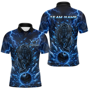 Maxcorners Custom Blue Thunder Lightning Leopard Men Bowling Shirts, Thunder Bowling Team Shirts LM1508