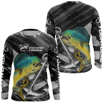 Maxcorners Personalized Mahi Mahi Fishing Long Sleeve Anchor Vector Custom Name Black Camo, Saltwater Fishing Shirts LM1203