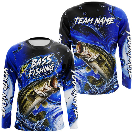Maxcorners Largemouth Bass Fishing Blue Camo Long Sleeve Fishing Shirt Custom Bass Fishing Jerseys For Team LM1508