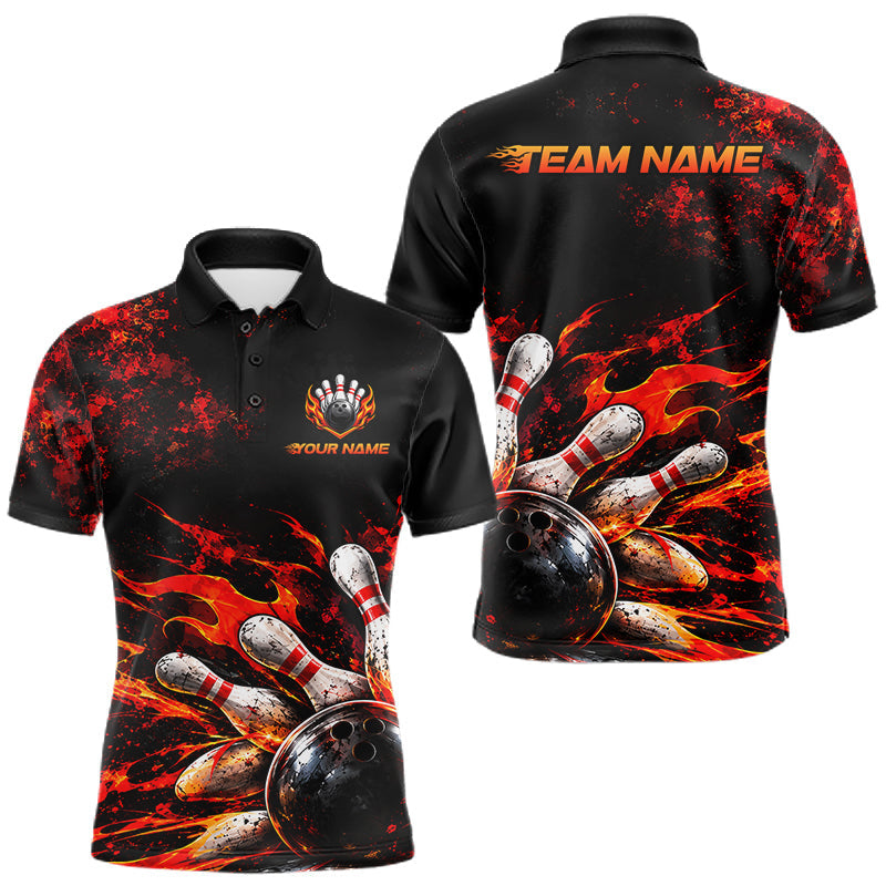 Maxcorners Black And Red Custom Flame Bowling Shirts For Men, Fire Bowling Team Shirt
