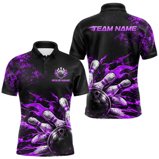 Maxcorners Black And Purple Custom Flame Bowling Shirts For Men, Fire Bowling Team Shirt