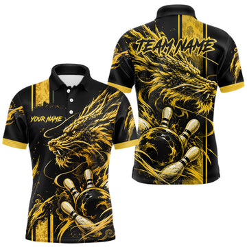 Maxcorners Personalized Black And Yellow Dragon Bowling Shirts For Men, Dragon Bowling Team Shirts