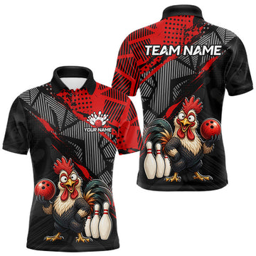 Maxcorners Custom Red Funny Rooster Bowling Shirt For Men Bowling Jersey Polo & Quarter-Zip Bowling Outfit LM2607