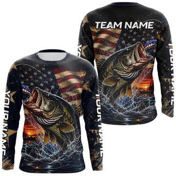 Maxcorners American Flag Largemouth Bass Patriotic Fishing Custom Bass Tournament Long Sleeve Fishing Shirts LM0106