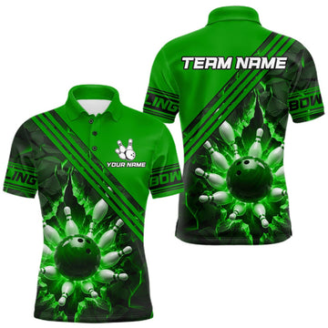 Maxcorners Custom Green Men Bowling League Polo & 1/4 Quarter Zip Jersey Bowling Team Shirts LM0409