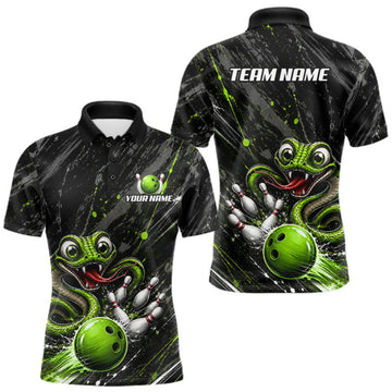 Maxcorners Custom Black And Green Snake Bowling Men Polo & 1/4 Quarter Zip Shirt, Bowling Team Tournament Jerseys LM1508