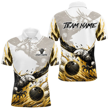 Maxcorners Black Gold Eagle Bowling Men Custom Name Polo & 1/4 Quarter Zip Shirt, Team Eagle Bowling League Shirts LM1508