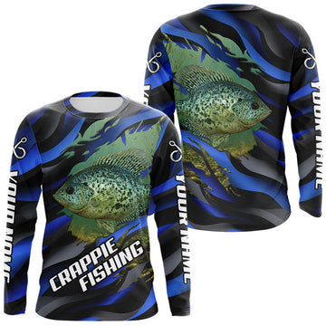 Maxcorners Custom Crappie Fishing Blue Camo Long Sleeve Fishing Shirts, Crappie Fishing Shirts LM2901