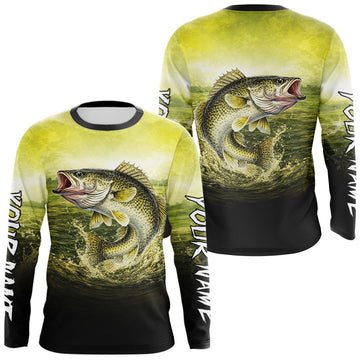 Maxcorners Yellow Walleye Fishing UV Protection Long Sleeve Fishing Shirts, Custom Walleye Fishing Shirts LM0402