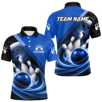 Maxcorners Personalized Blue Bowling Jersey Bowling Polo Shirt For Men, Team Bowling League Shirts LM1508