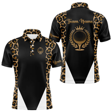 Maxcorners Mens Golf Polo Shirts Brown Leopard Pattern Black Golf Shirt Custom Name Golf Wear For Mens