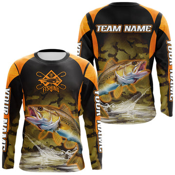Maxcorners Personalized Walleye Long Sleeve Fishing Shirts Orange Camouflage, Walleye Fishing Shirts LM0402