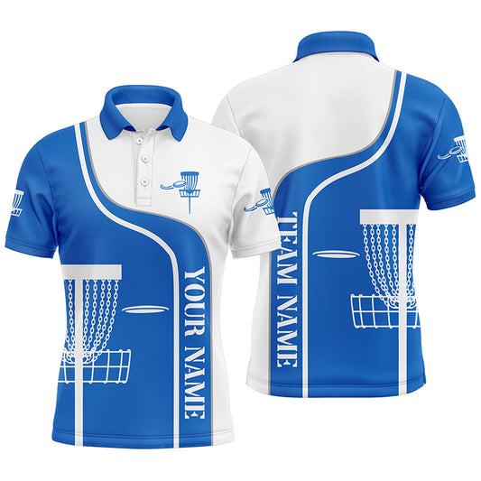 Maxcorners Personalized Disc Golf Basket Blue White Mens Golf Polo Shirt Custom Disc Golf Shirts For Men MT0510
