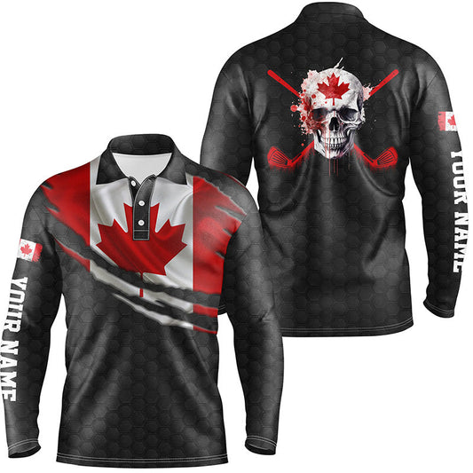Maxcorners Golf Canada Flag Skull Customized Name 3D Polo Shirt Unisex