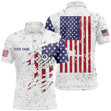 Maxcorners Personalized Billiard Balls US Flag White Grunge Polo Shirts For Men, Custom Billiard Pool Shirts