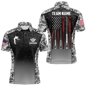 Maxcorners Black And White Camo US Flag 8 Ball Pool Shirt For Men Custom Billiard Team Jersey Polo & 1/4 Zip LM0607