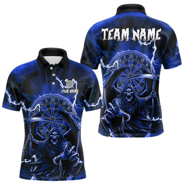 Maxcorners Blue Grim Reaper Lightning 3D Darts Shirt For Men Custom Darts Jersey Team Polo & 1/4 Zip LM1903