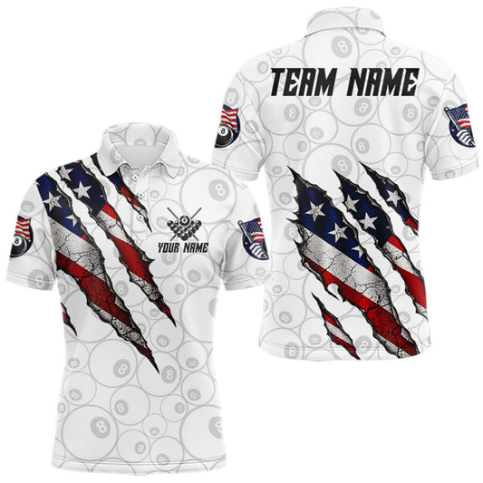 Maxcorners Personalized White Grunge American Flag Billiard Shirt For Men, Patriotic 8 Ball Pool Team Jersey LM0510