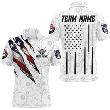 Maxcorners Custom White Grunge 8 Ball Pool American Flag Billiard Jersey For Men, Patriotic Pool Team Shirts LM0510