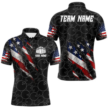 Maxcorners Custom Black Grunge American Flag Bowling Shirt For Men, Patriotic Bowling League Team Jersey LM0510