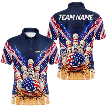 Maxcorners Funny Bowling Pins American Flag Lightning Bowling Shirts For Men Custom Patriotic Bowling Jersey LM0510