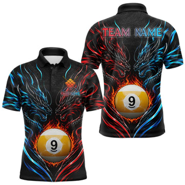 Maxcorners Blue And Red Custom Dragon 9 Ball Fire Billiard Shirts For Men, Pool Team Jersey Polo & 1/4 Zip LM0510