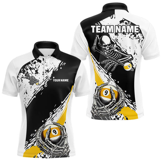 Maxcorners 9 Ball Skeleton Custom Billiard Polo & 1/4 Zip Shirts For Men, Funny 9 Ball Pool Billiard Jerseys LM1904
