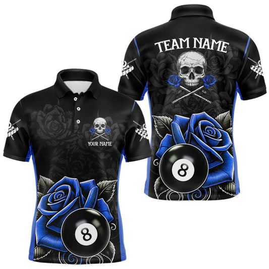 Maxcorners Black And Blue 8 Ball Pool And Roses Custom Skull Billiard Shirts For Men, Billiard Team Jersey LM0404