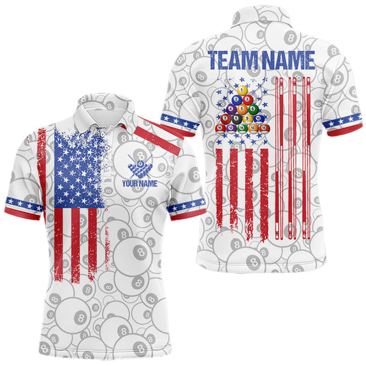 Maxcorners White American Flag 8 Ball Billiard Shirt For Men Custom Patriotic Pool Team Jersey Polo & 1/4 Zip
