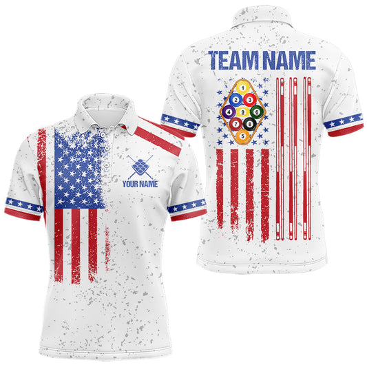Maxcorners White American Flag 9 Ball Billiard Shirt For Men Custom Patriotic Pool Team Jersey Polo & 1/4 Zip