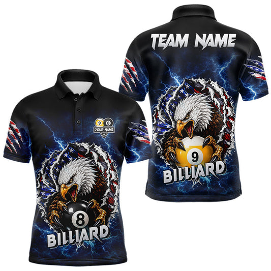 Maxcorners Blue Lightning Eagle US Flag 8 Ball & 9 Ball Billiard Shirt For Men Custom Patriotic Pool Jersey