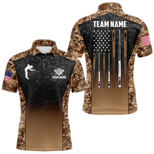 Maxcorners Custom Brown Camo US Flag 8 Ball Pool Shirt For Men, Billiard Team Jersey Polo & 1/4 Zip LM0510