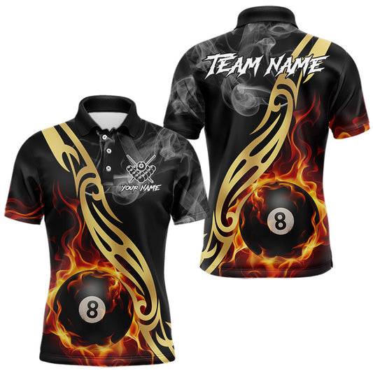 Maxcorners 8 Ball Pool Fire Flame Smoke Tribal Billiard Shirt For Men Custom Billiard Team Jersey |Black LM0412