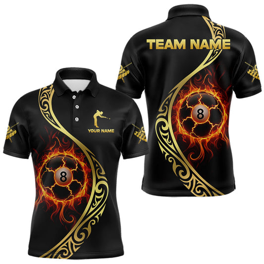 Maxcorners Personalized 8 Ball Fire Gold Tribal Billiard Shirt For Men, Billiard Jersey Team Polo & 1/4 Zip LM0412