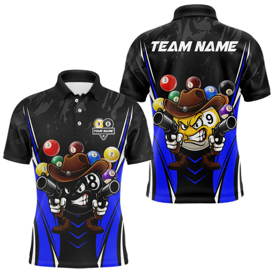 Maxcorners Funny 8 Ball & 9 Ball Billiard Shirt For Men Custom Black And Blue Pool Team Shirt, Billiard Jersey LM0412