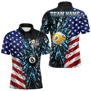 Maxcorners American Flag Break Glass 8 Ball & 9 Ball Billiard Shirt For Men Custom Patriotic Pool Team Jersey