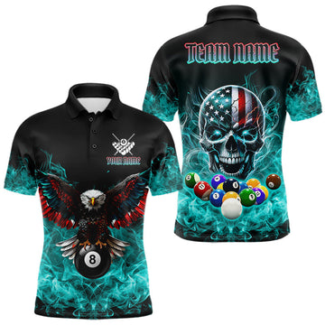 Maxcorners Teal Flame Smoke American Flag Eagle Skull Billiard Shirt For Men Custom 8 Ball Pool Team Jersey