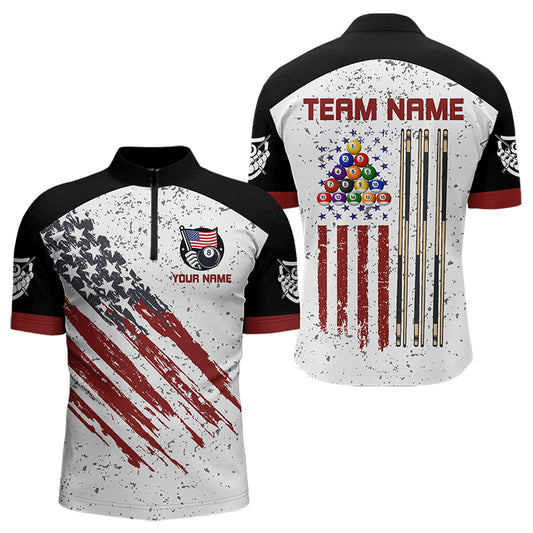 Maxcorners Black White Grunge American Flag Custom Billiard Shirts For Men, Patriotic Team Player Pool Jerseys