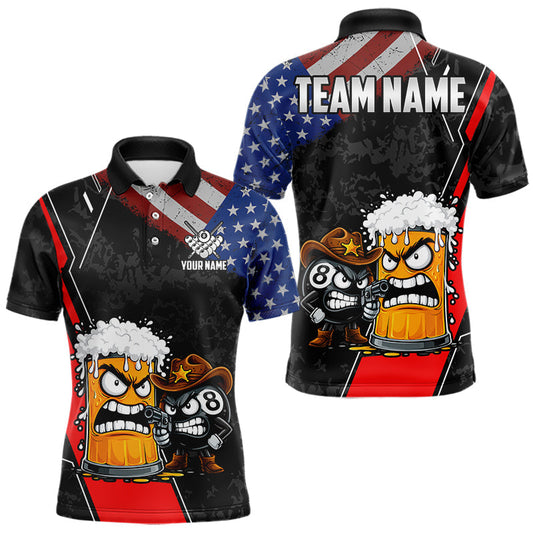 Maxcorners Funny Beer US Flag 8 Ball Pool Billiard Shirt For Men Custom Billiard Team Jersey Polo & 1/4 Zip LM0503