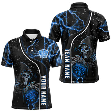 Maxcorners Custom Blue Darts Lightning Grim Reaper Polo & 1/4 Zip, Darts Shirt For Men, Darts Team Jersey