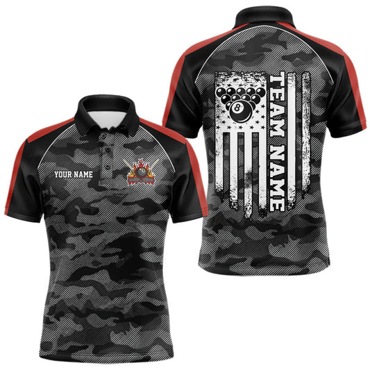 Maxcorners Personalized Grey Camo US Flag Billiard Shirts For Men, 8 Ball Pool Team Jersey Polo & 1/4 Zip|Red LM0706