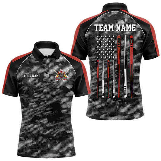 Maxcorners Customized Camouflage US Flag Billiard Shirts For Men, 8 Ball Pool Team Jersey Polo & 1/4 Zip|Red LM0706