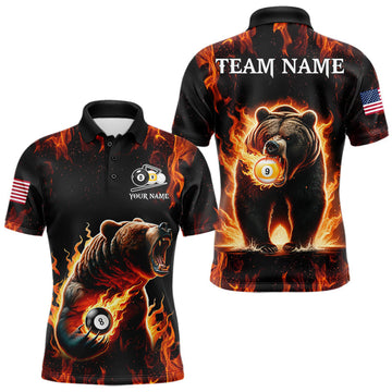 Maxcorners Custom Funny Bear 8 Ball & 9 Ball Pool Fire Flame Men's Billiard Shirts, Billiard Team Jersey LM0607
