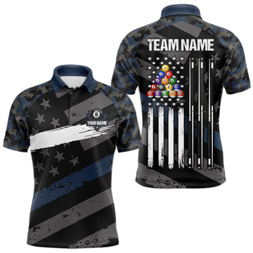 Maxcorners Blue Camo US Flag 8 Ball Billiard Pool Shirts for Men Custom Patriotic Billiard Team Jersey LM2709