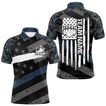 Maxcorners Blue Camo American Flag Bowling Jerseys for Men Custom Patriotic Bowling League Team Shirts LM2709